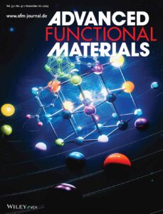 A cover art for Advanced Functional Materials. The cover shows a cube made of different spheres corresponding to various atoms. The image appears to be in space.