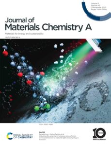 Cover art for the Journal of Materials Chemistry A. The image shows a molecule with a splash of water. A beam of light is shining on the molecule.