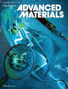 Advanced Materials cover art showing a transparent plastic block with metal channels.