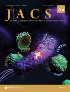 A shattering bacteria surrounded by peptides on the front cover for JACS Au.