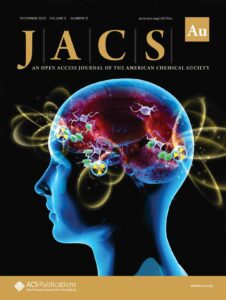 Cover art for JACS Au showing a human brain surrounded by radioactive tracers used for imaging.