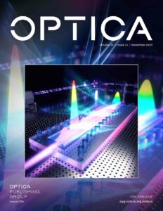 An Optica journal design. Beams of light can be seen travelling across glass pillars.