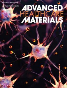 A network of neurons surrounded by gold spheres. The image is on the cover of Advanced Healthcare Materials.
