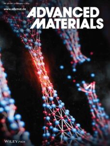 Front cover design of Advanced Materials showing nanowires with red glow at the center.