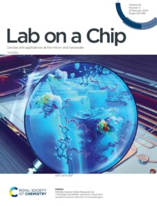 RSC Lab on a Chip cover art showing a microchip with pillar arrays, proteins and DNA strands.