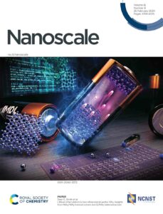 Nanoscale journal front cover art showing a cross-section of a battery with different ions diffusing, with vivid and colorful trails.