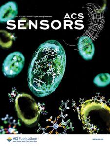 The science cover design of ACS Sensors. The image shows bacterial spores containing molecular structures and models.