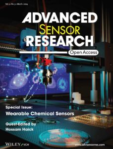 A close up shot of a 3d print nozzle printing different sensors. The image is on the front cover of Advanced Sensor Research.